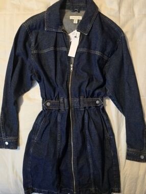 Topshop Denim Zip Front Utility Mini Dress Long Sleeve Belted NWT US 4